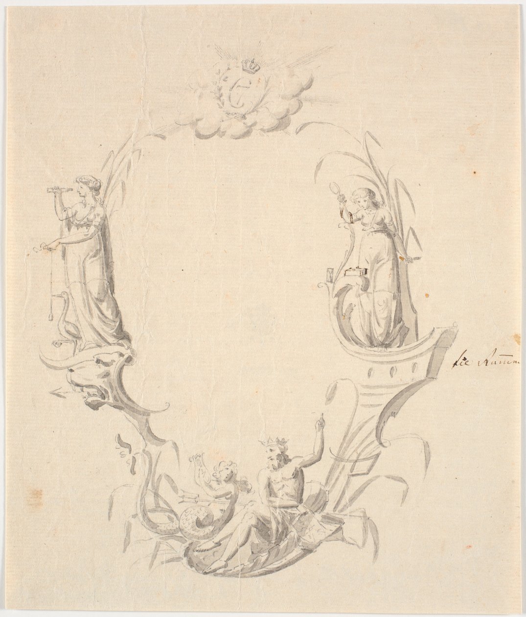 Entwurf für eine Titelvignette zu einer Seekarte (mit dem Text: Pass Kaart over Kattegattet, herausgegeben vom Seekartenarchiv 1799) von Johannes Wiedewelt