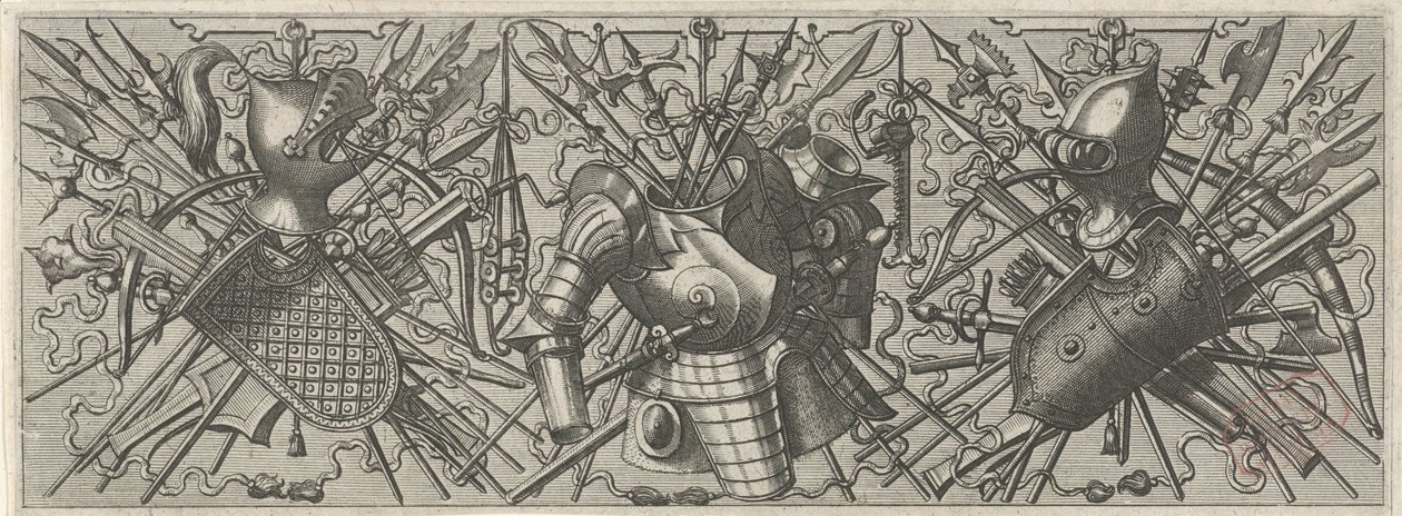 Fries mit Helm, Schild und gekreuzten Waffen von Johannes of Lucas van Doetechum