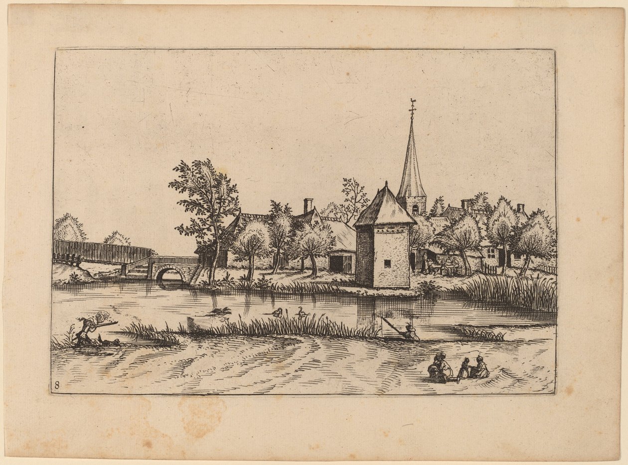 Dorf mit Kirche und Brücke von Johannes van Doetechum, the Elder and Lucas