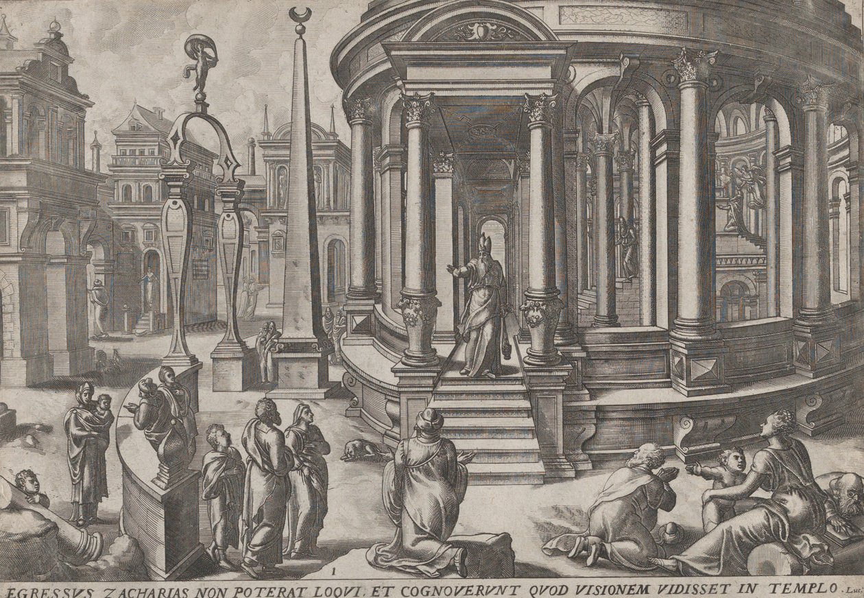 Zacharias verlässt den Tempel, aus der Serie Ereignisse im und um den Tempel von Johannes and Lucas van Doetecum