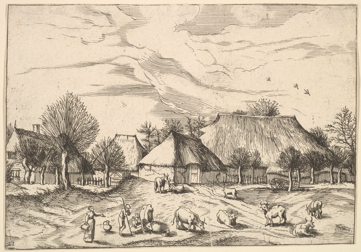 Bauernhöfe, Vieh mit Hirten und Milchmädchen im Vordergrund aus Multifariarum casularu..., 1559-61 von Johannes van Doetecum I