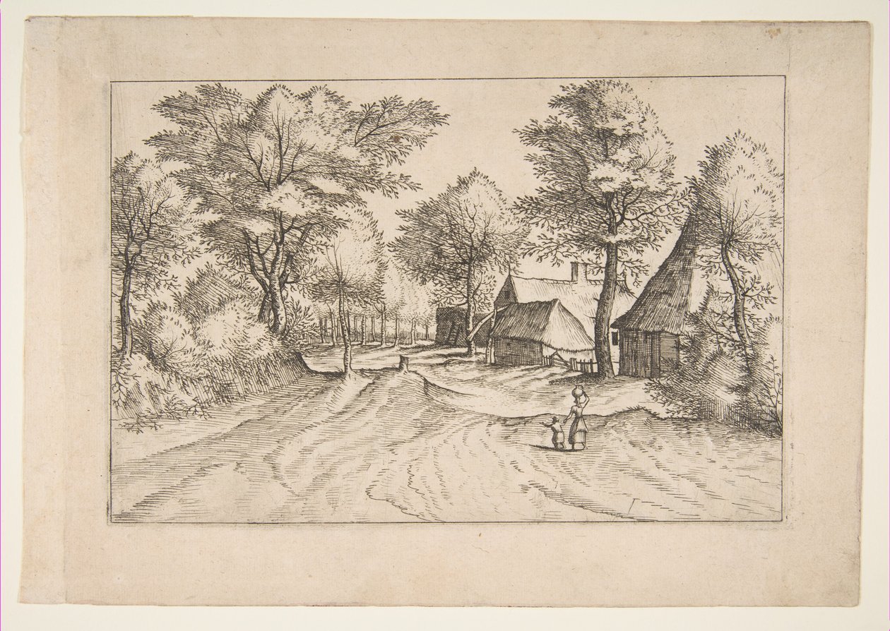 Dorfstraße mit einem Bauernhof und Schuppen, aus der Serie Die kleinen Landschaften Multifariaru... von Johannes van Doetecum I