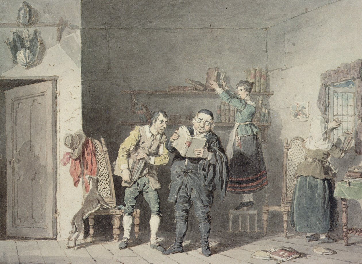 Der Priester und der Barbier, mit Don Quixotes Haushälterin und Nichte, die die Bibliothek des Don von Ritterromanen säubern von John Augustus Atkinson