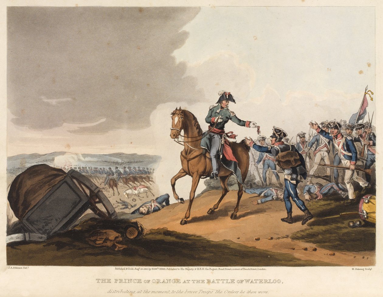 Der Prinz von Oranien in der Schlacht von Waterloo, verteilt in diesem Moment den tapferen Truppen die Befehle, die er damals trug, graviert von M. Dubourg, 1819 von John Augustus Atkinson