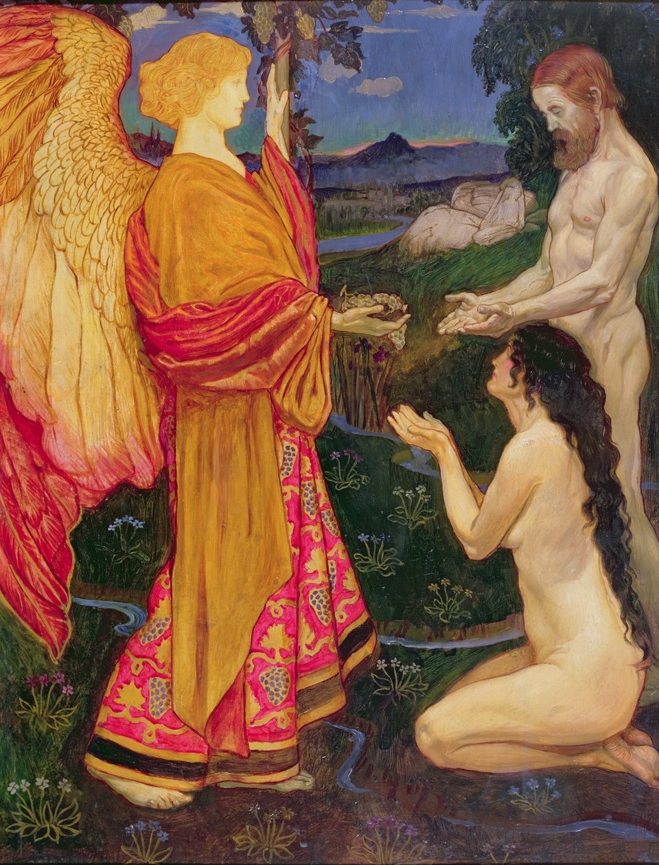 Der Engel, der die Früchte des Gartens Eden Adam und Eva anbietet von John Byam Liston Shaw