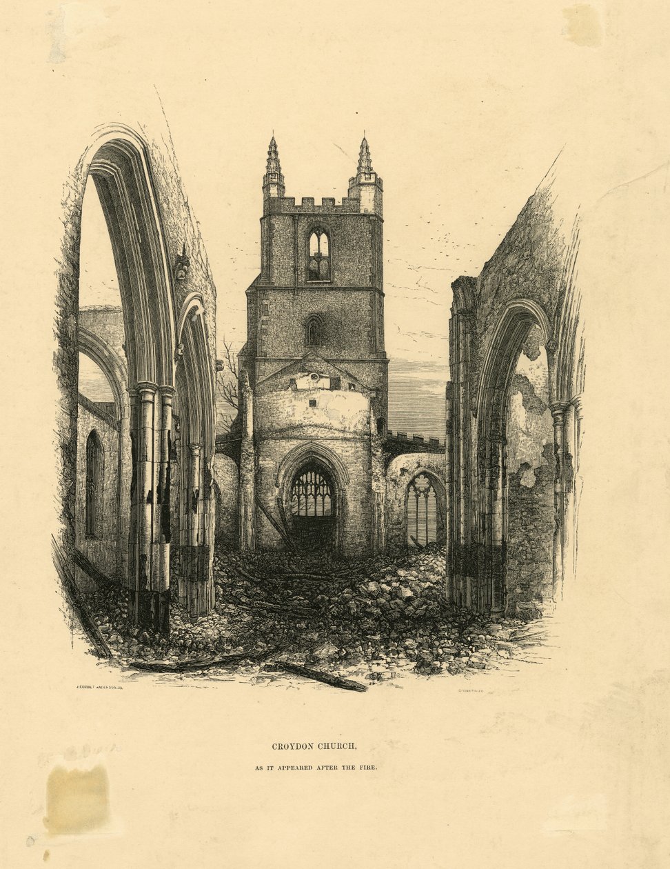 Kirche von Croydon nach dem Brand von John Corbet Anderson