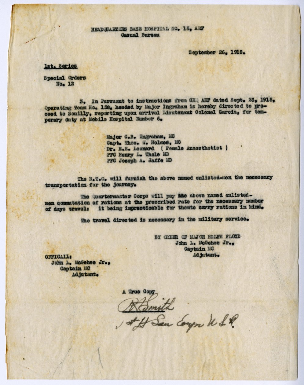 Sonderbefehle Nr. 12 Auszug, Hauptquartier Basis Krankenhaus Nr. 15, Casual Bureau, auf Befehl von Rolfe Floyd, 26. September 1918 von John L. McGehee