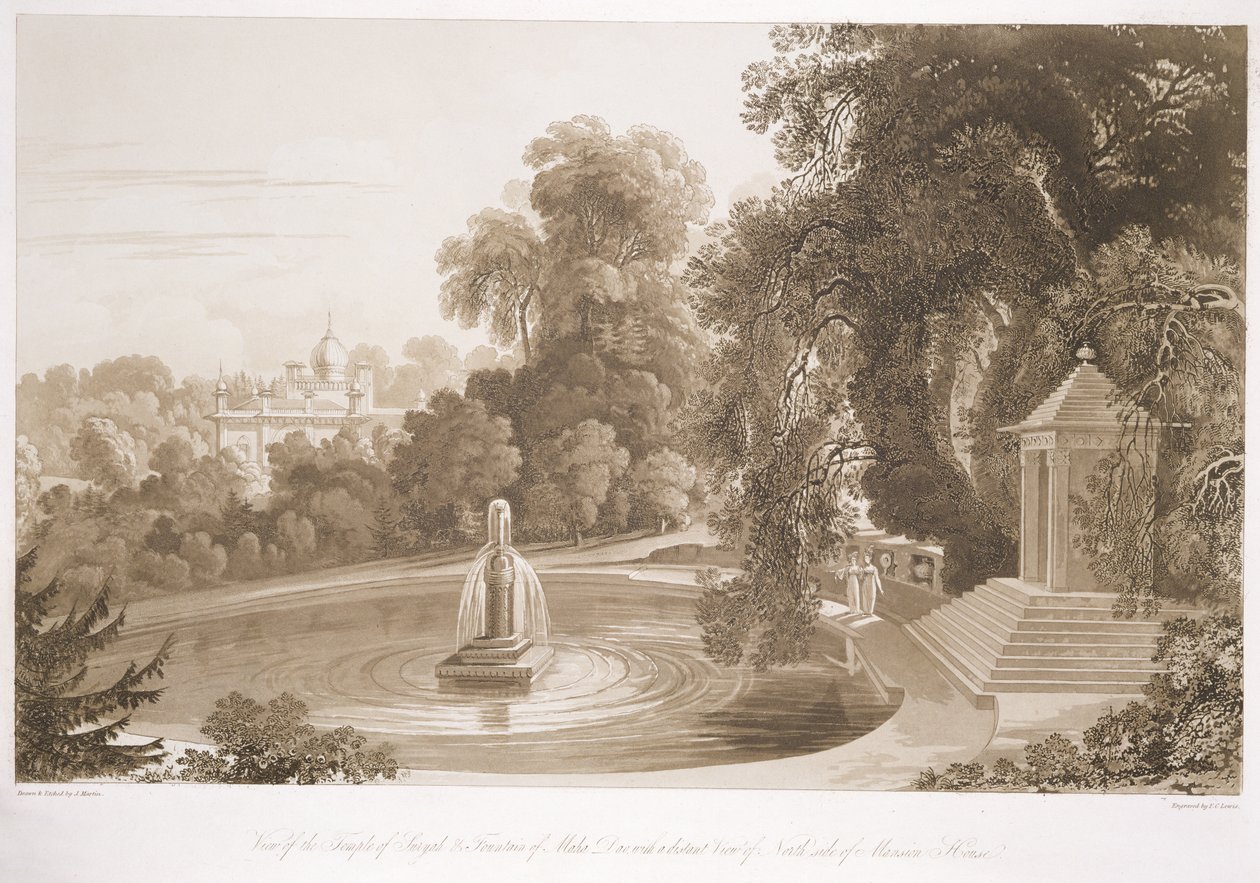 Ansicht des Tempels von Suryah und des Brunnens von Mahah Doo mit einer entfernten Ansicht der Nordseite des Herrenhauses, Sezincote, graviert von Frederick Christian Lewis Snr., ca. 1817-18 von John Martin