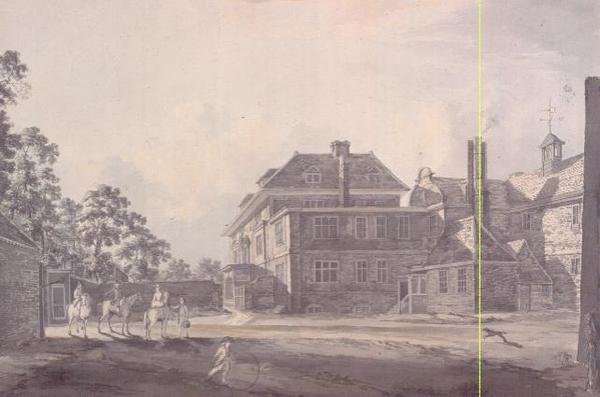 Hof eines Herrenhauses mit Figuren, 18. Jahrhundert von John Melchior Barralet