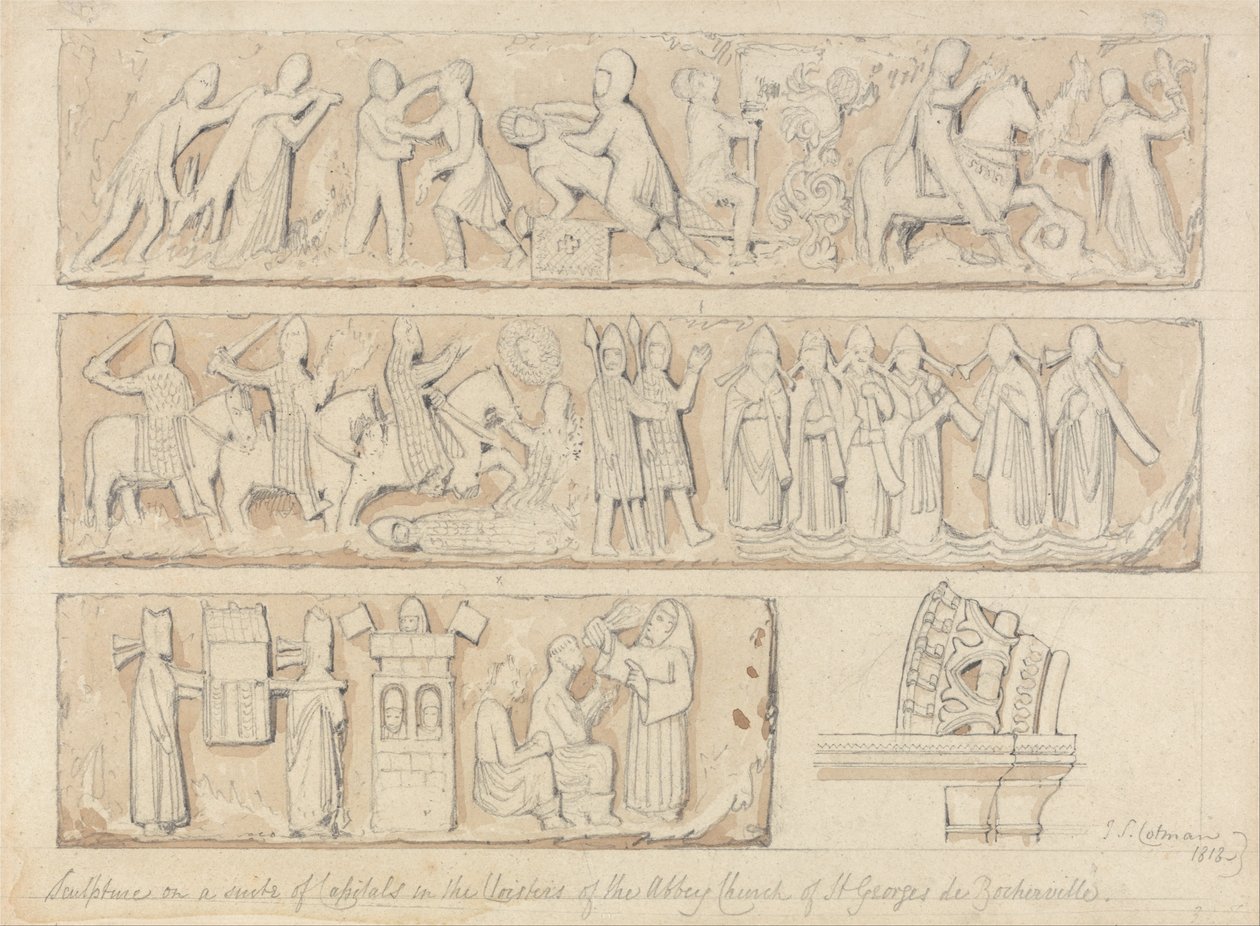 Skulptur auf einer Suite von Kapitellen im Kreuzgang der Abteikirche Saint Georges de Bocherville von John Sell Cotman