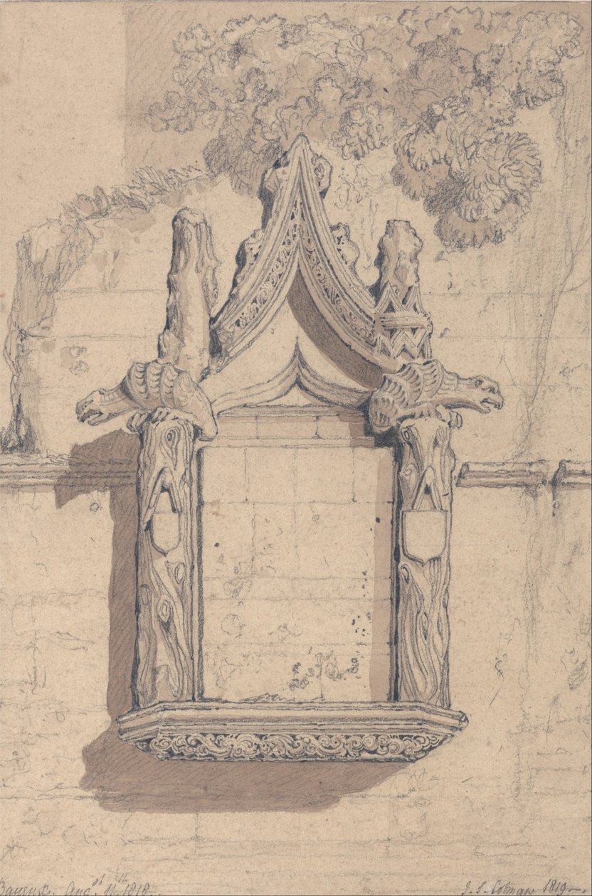 Skulptur an einem Haus auf der Nordseite der Kathedrale von Bayeux von John Sell Cotman