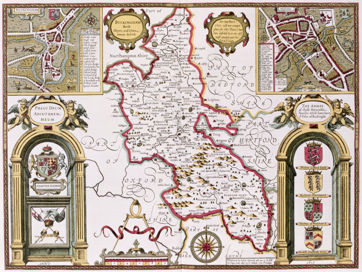 Buckinghamshire, graviert von Jodocus Hondius (1563-1612) aus John Speeds 