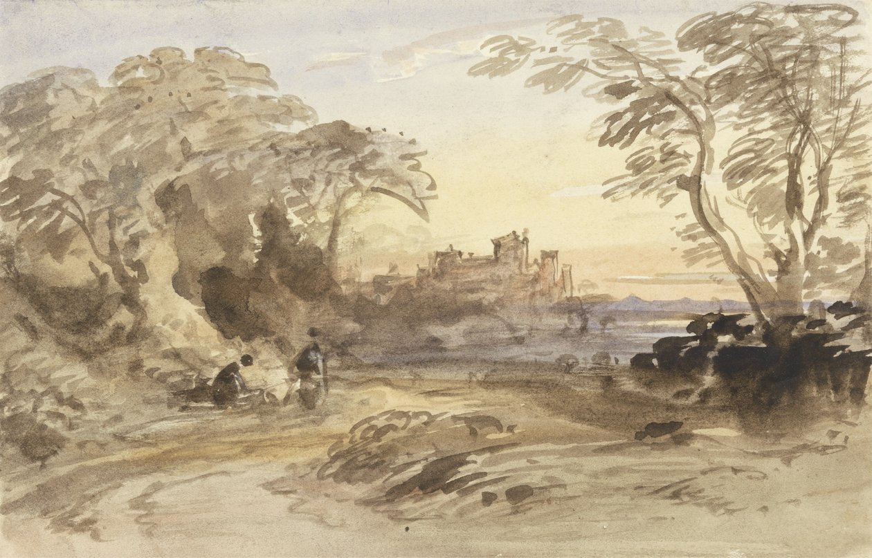 Landschaft mit Figuren und fernem Schloss von John Varley