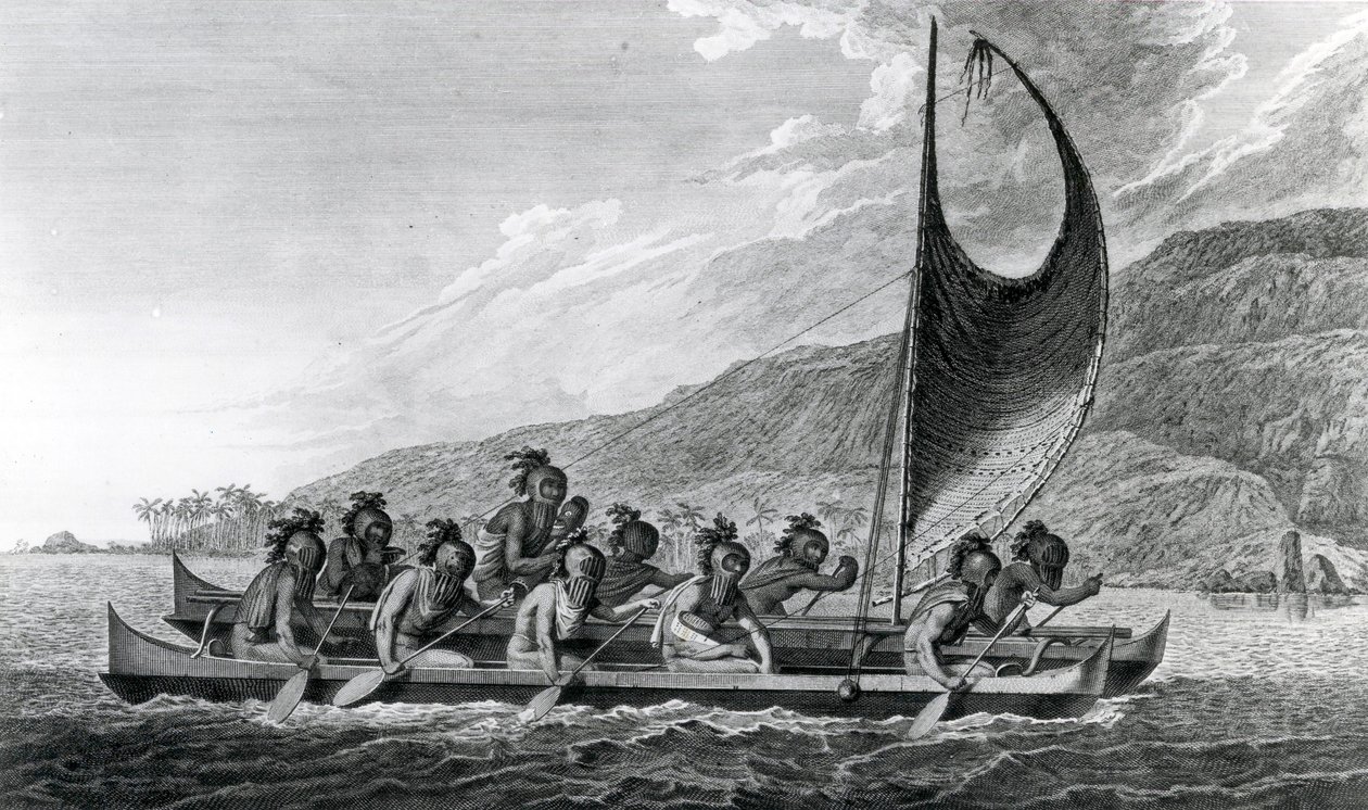 Ein Kanu der Sandwichinseln, mit maskierten Ruderern, 1784 von John Webber