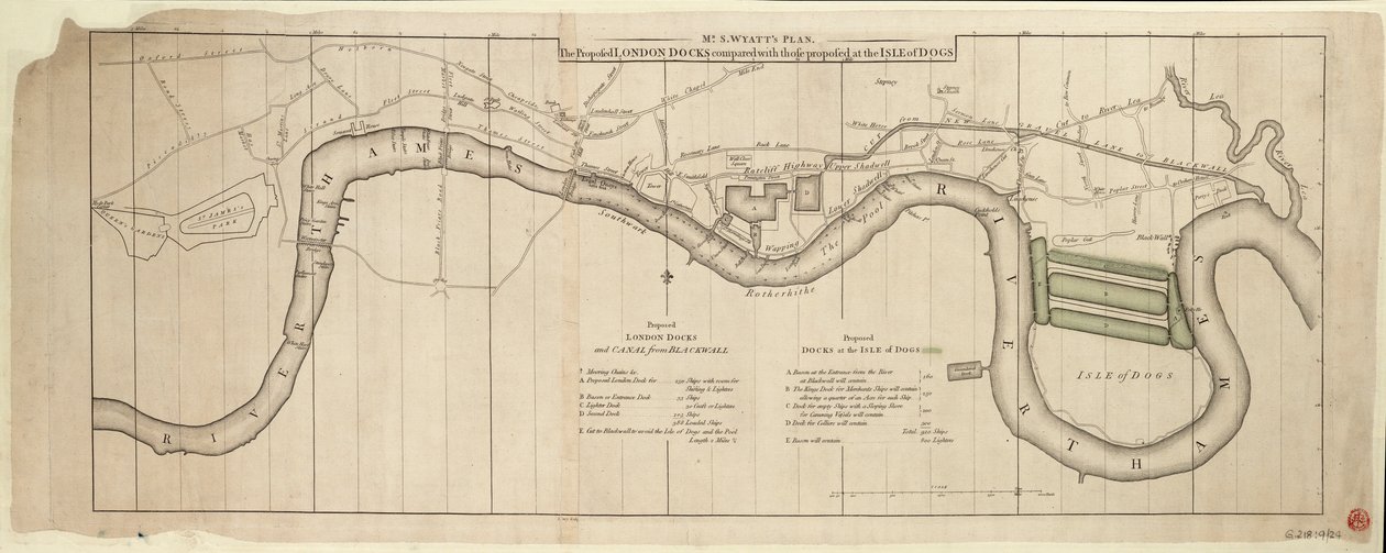 Mr. S. Wyatts Plan, die vorgeschlagenen Londoner Docks im Vergleich zu denen, die auf der Isle of Dogs vorgeschlagen wurden von John (after) Cary