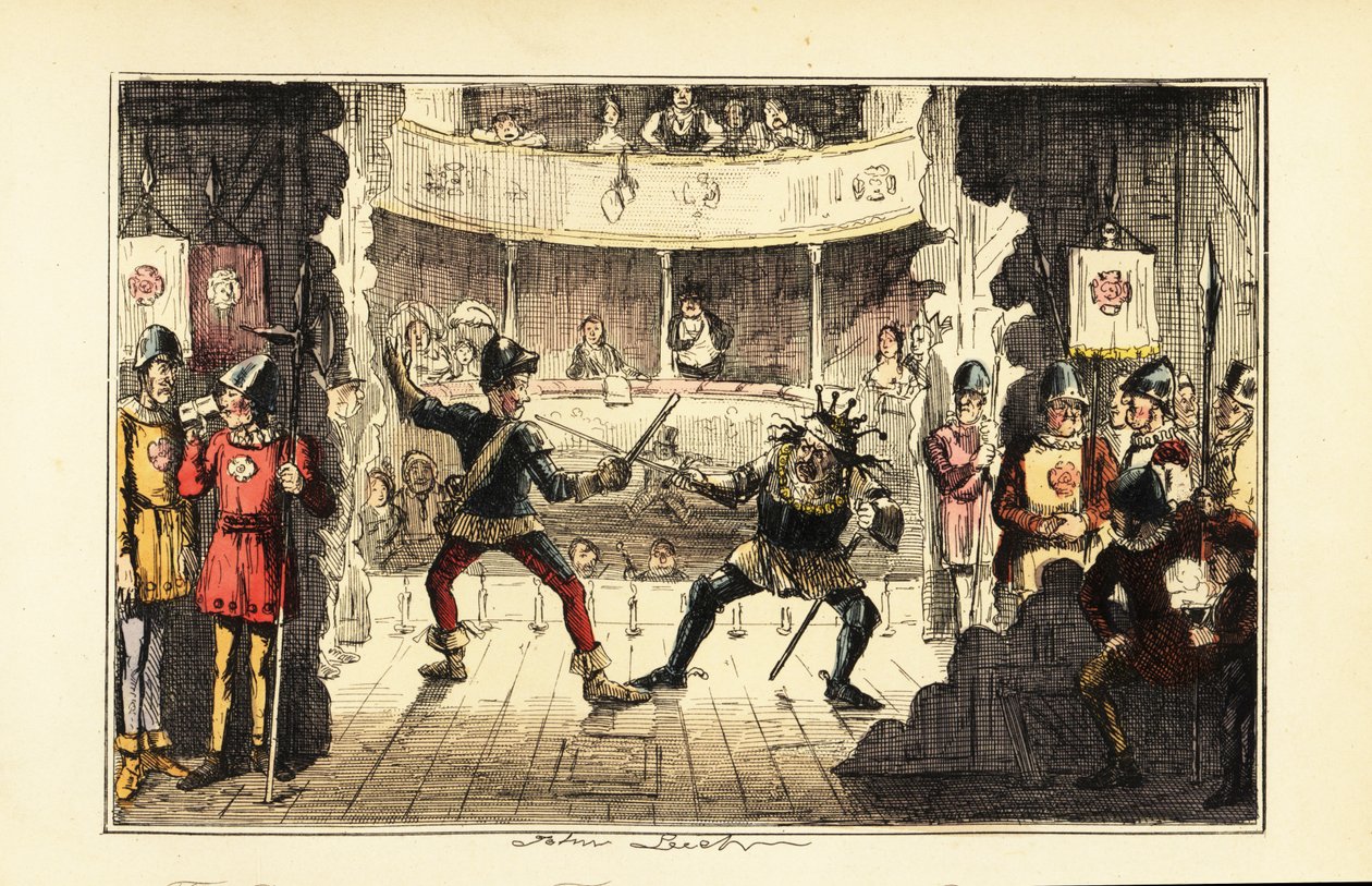 Schauspieler spielen Heinrich Tudor, der gegen König Richard III. von England auf einer Theaterbühne kämpft von John (after) Leech