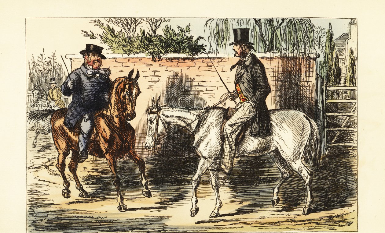 Englischer Gentleman auf einem alten Pferd, abgelehnt von einem Mann auf einem braunen Pferd von John (after) Leech