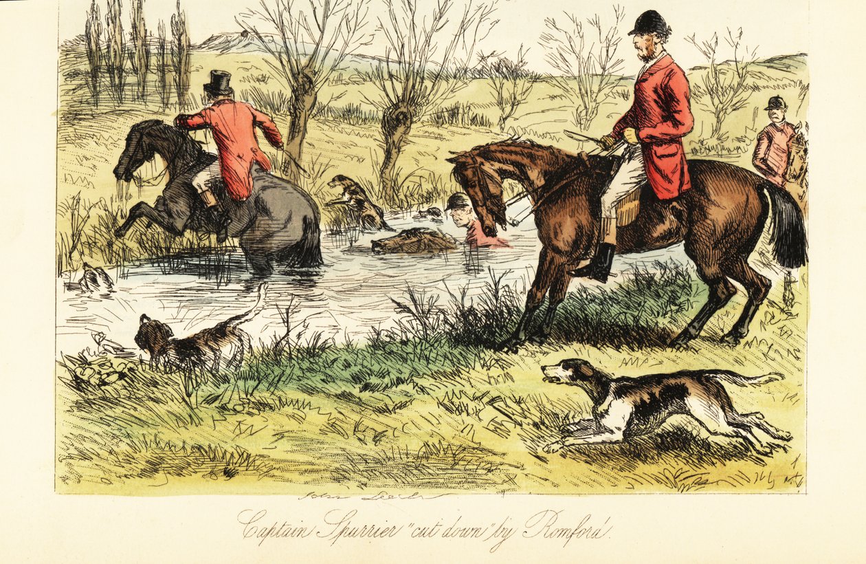 Englischer Jäger durchquert einen Fluss mit Fuchshunden von John (after) Leech