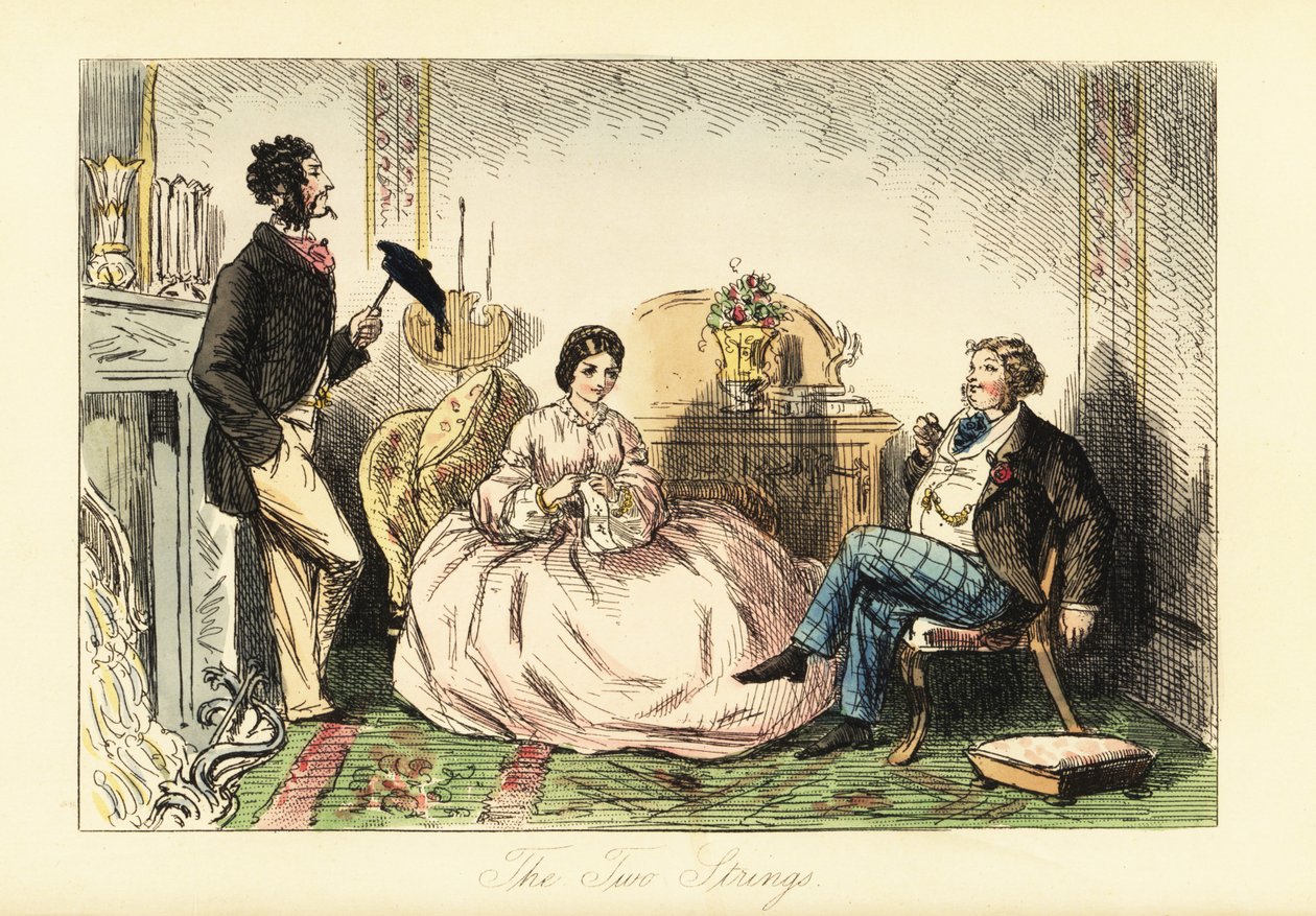 Dame im Reifrockkleid mit zwei Herrenbesuchern in einem Salon von John (after) Leech