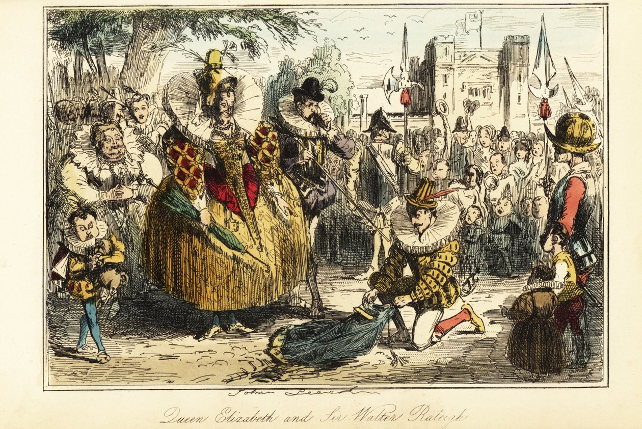 Sir Walter Raleigh legt seinen Mantel über eine Pfütze für Königin Elizabeth I. in Greenwich von John (after) Leech