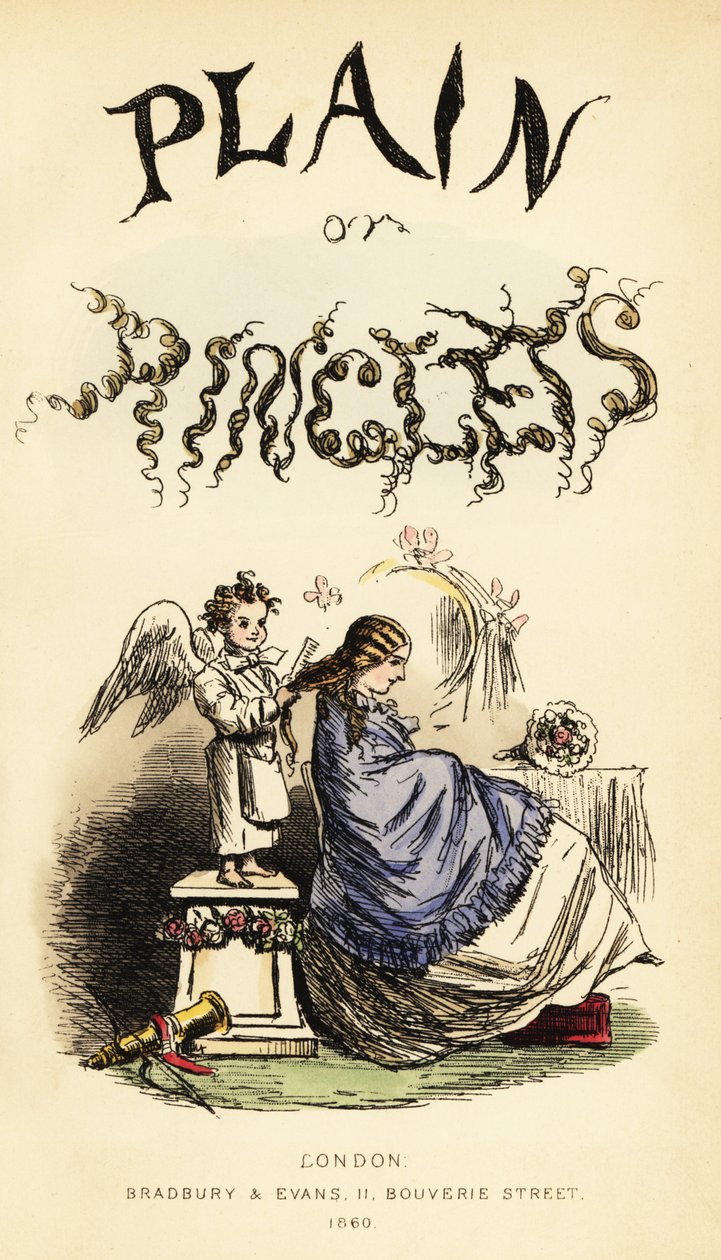 Titelseite mit kalligraphischem Titel und Vignette eines geflügelten Cherubim-Friseurs, der einem Mädchen die Haare kämmt von John (after) Leech