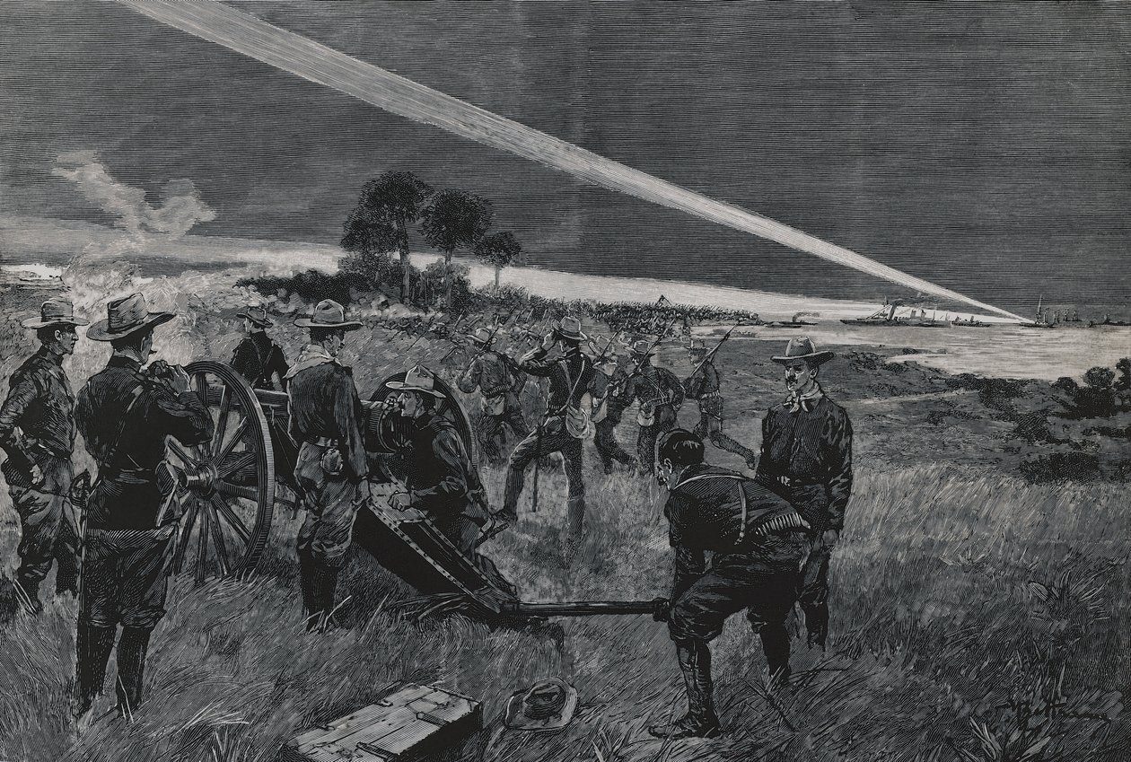 Amerikanische Truppen landen in der Bucht von Daiquiri, Artillerie eröffnet das Feuer, 24. Juni von Walter Charles Mills