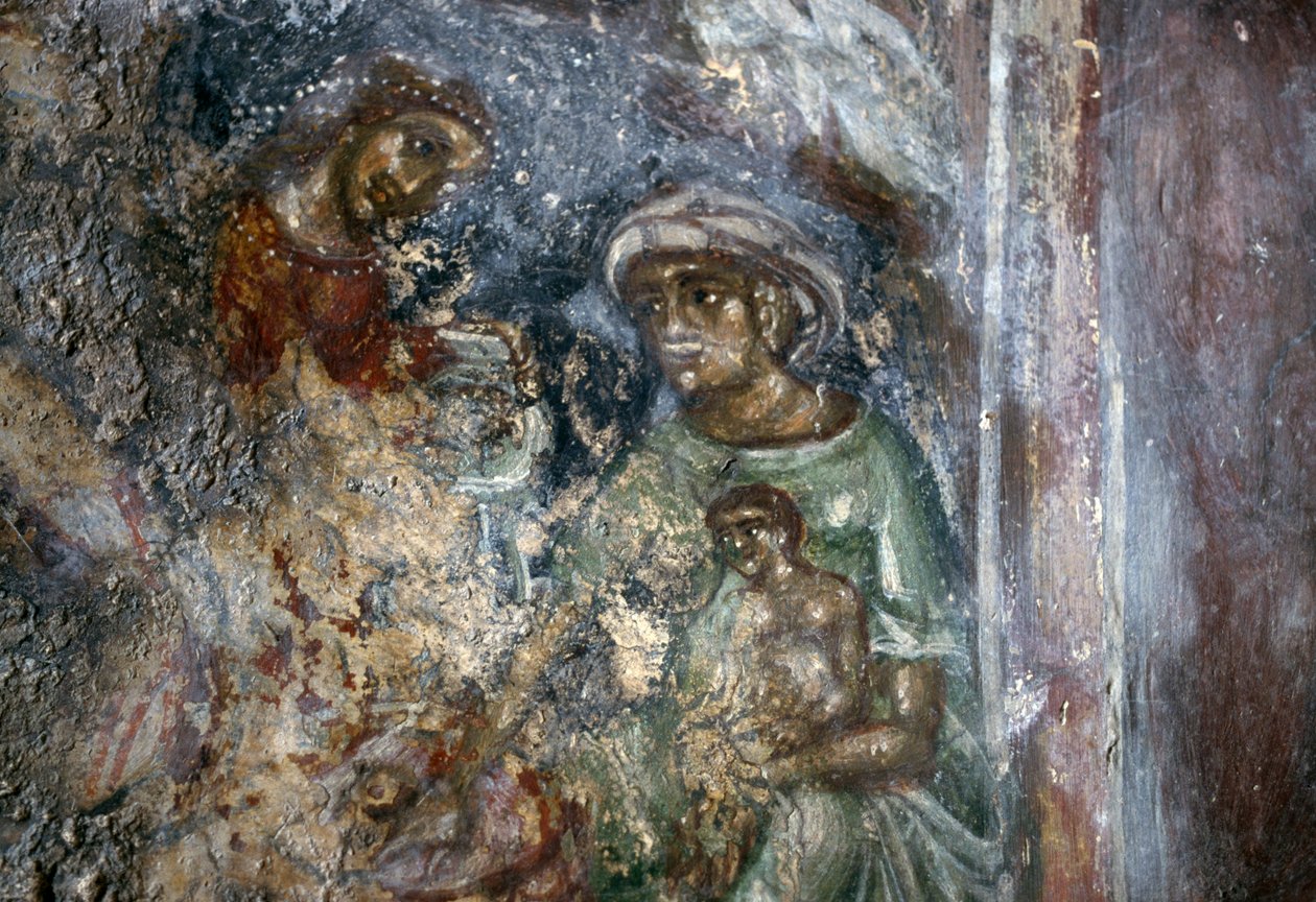 Fresko der Heiligen Familie in der byzantinischen Kirche Ayios Stephanos, Drakona, Kreta, Griechenland von Walter Charles Mills