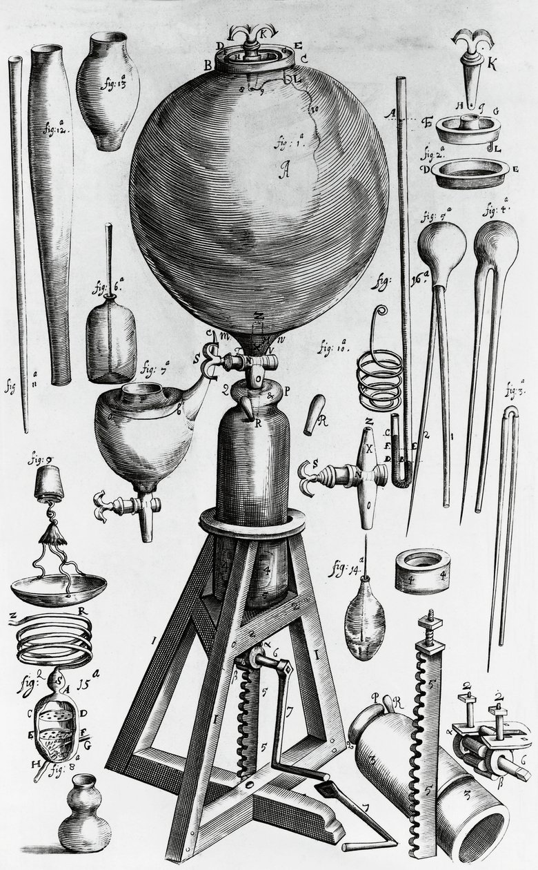 Neue physikalisch-mechanische Luftversuche, von Robert Boyle (1627-1691), Gravur von Walter Charles Mills