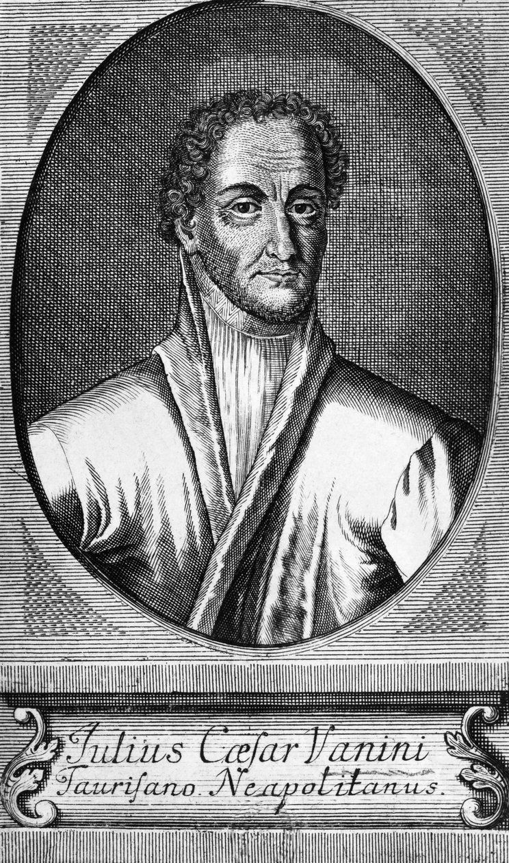 Porträt von Lucilio Vanini, bekannt als Giulio Cesare Vanini (1585-1619), italienischer Philosoph, Arzt und Freidenker, der einer der ersten bedeutenden Vertreter des intellektuellen Libertinismus war, Gravur von Walter Charles Mills