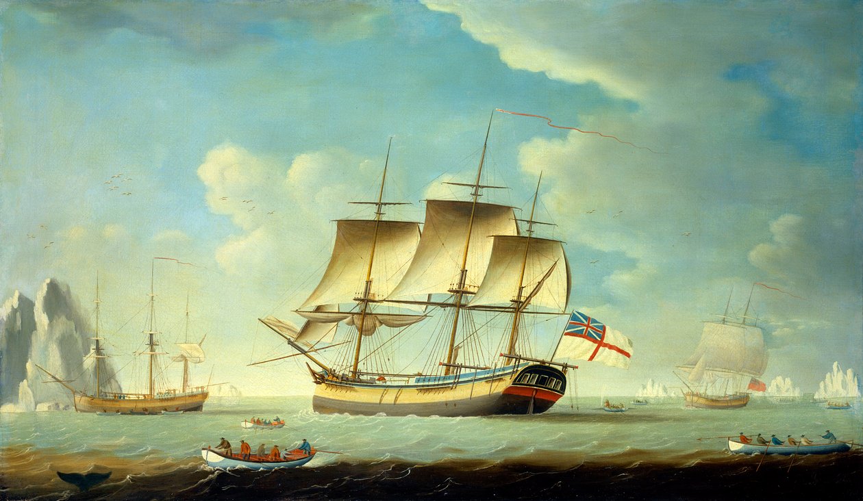 Ein Walfänger und andere Schiffe bei leichtem Wind, ca. 1790 von John Askew