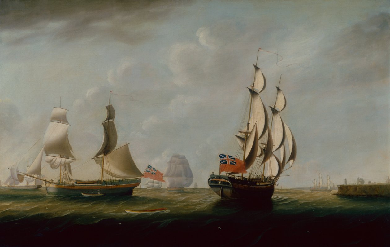 Zwei englische Kohlefrachter vor Whitby mit weiteren Schiffen im Hintergrund von John Askew