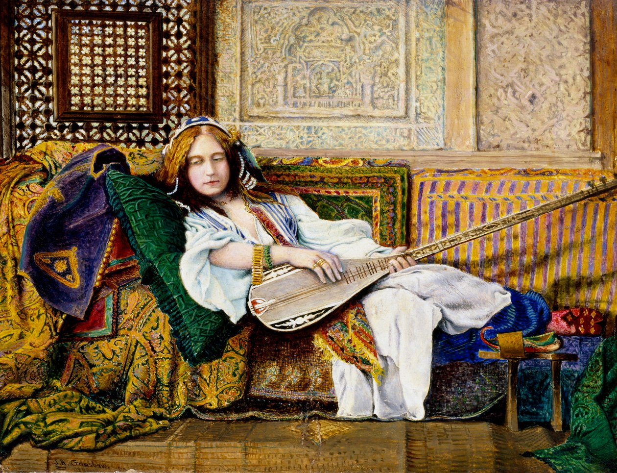 "Im Harem" Frau in orientalischer Kleidung auf einem Diwan liegend, eine Zister (Laute) haltend von John Atkinson Grimshaw