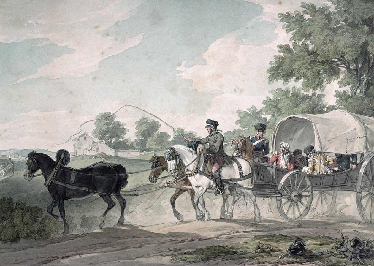 Belgischer Wagen transportiert Verwundete vom Schlachtfeld nach der Schlacht von Waterloo, 1815 von John Augustus Atkinson