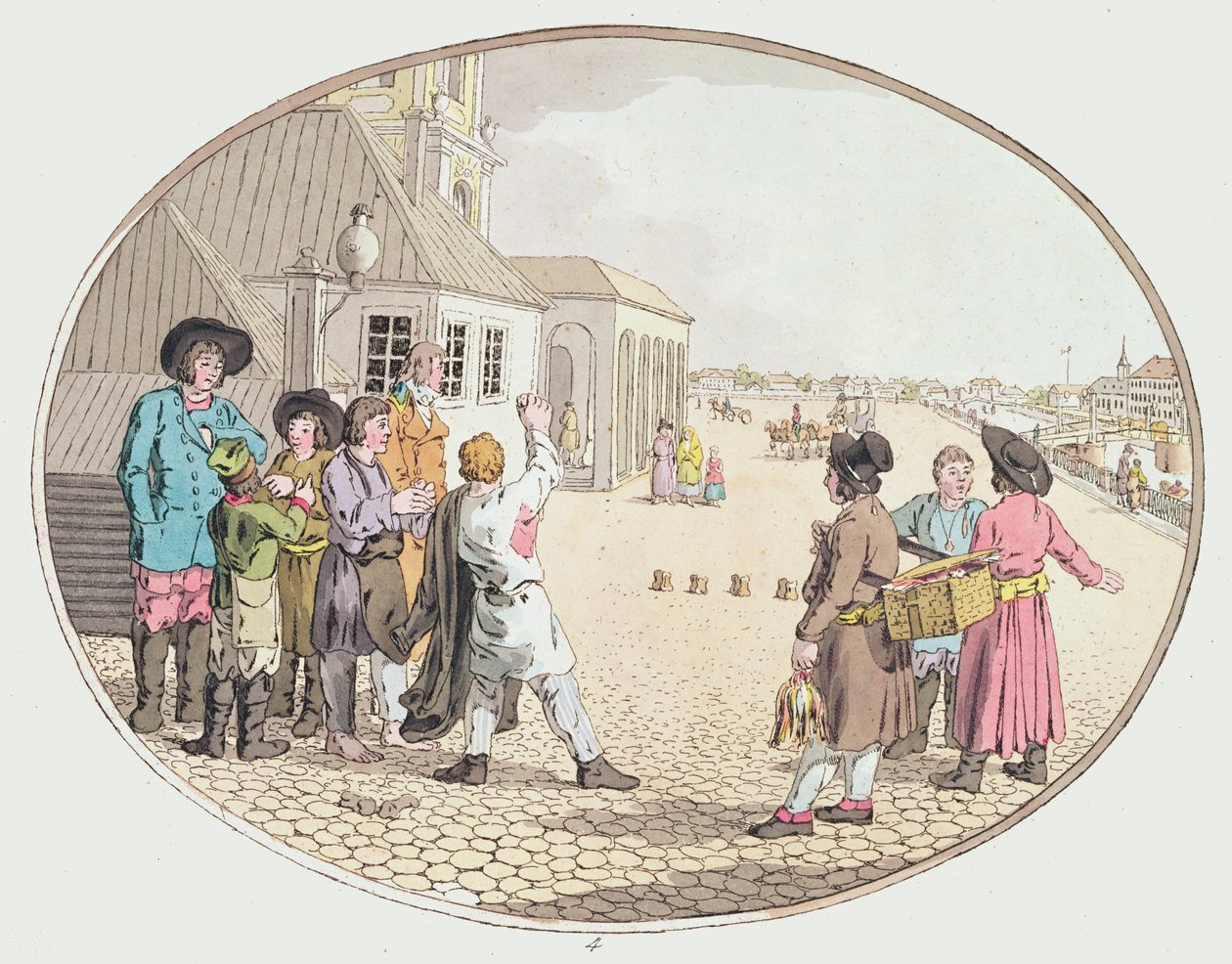 Russische Dorfszene, frühes 19. Jahrhundert (handkolorierte Radierung) von John Augustus Atkinson