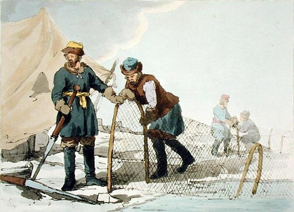 Winterfischen, vom Künstler geätzt, veröffentlicht 1804 (Farblitho) von John Augustus Atkinson