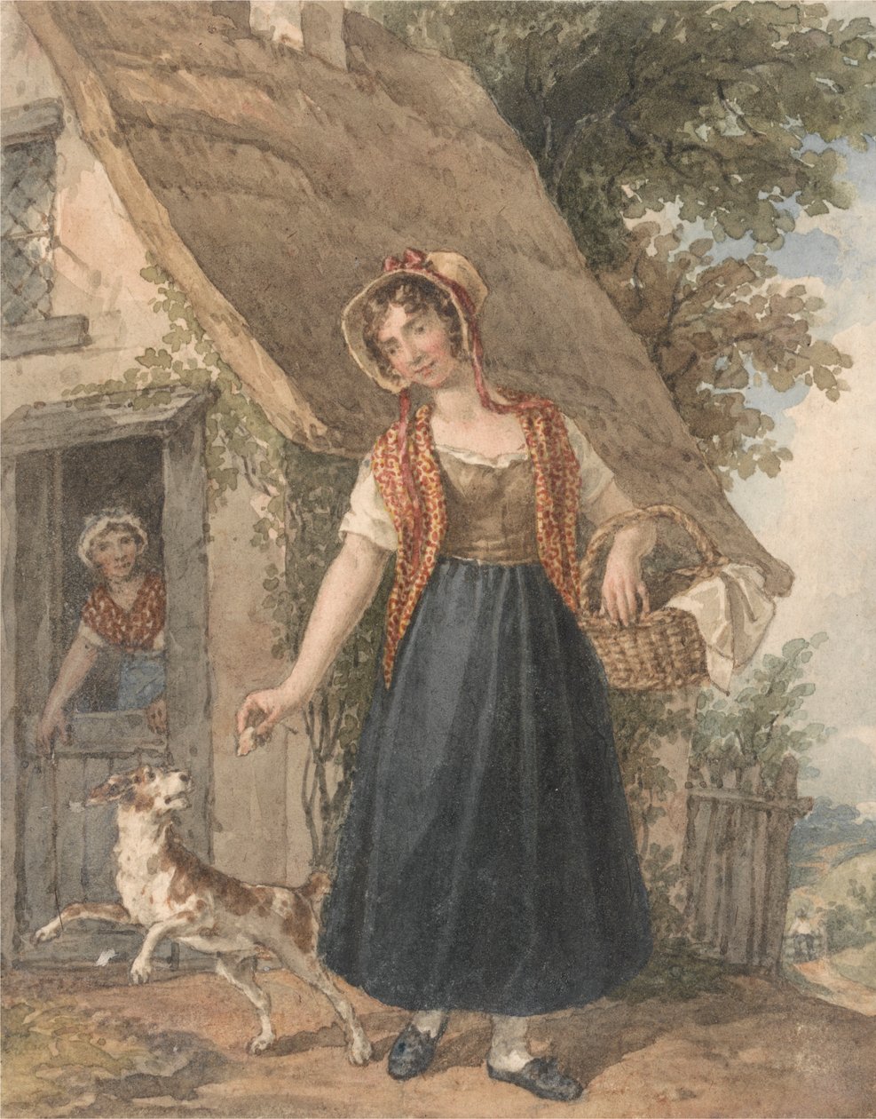 Junge Frau mit Hund vor einer Hüttentür von John Augustus Atkinson