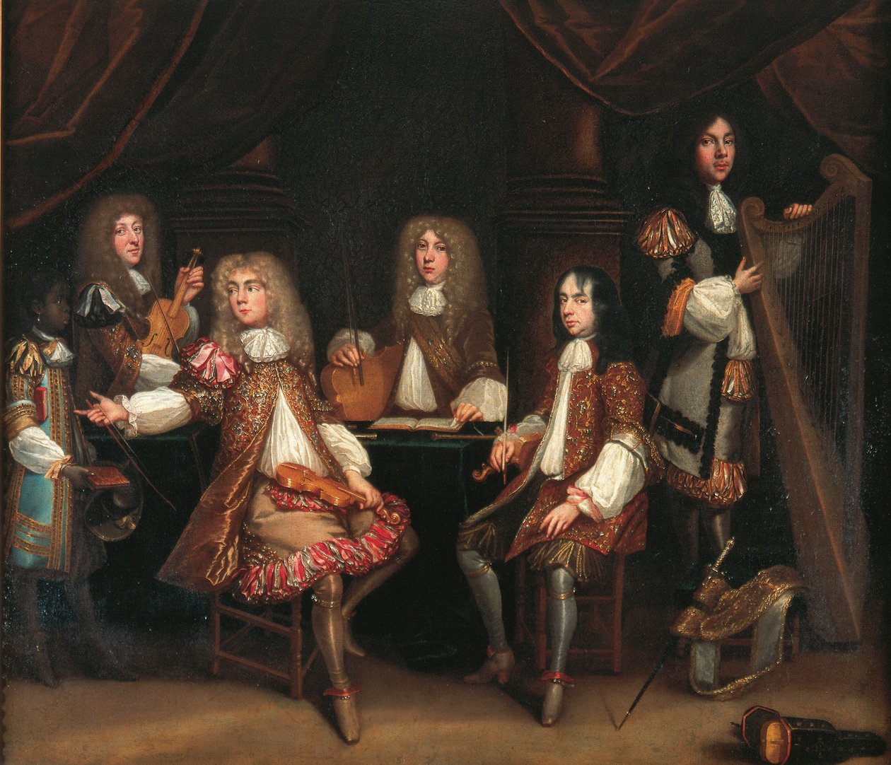 Das Karmesinrote Schlafzimmer, Porträtgruppe von Herren mit Musikinstrumenten, traditionell als Darstellung des Kabinettsministeriums von König Karl II. bezeichnet von John Baptist de Medina