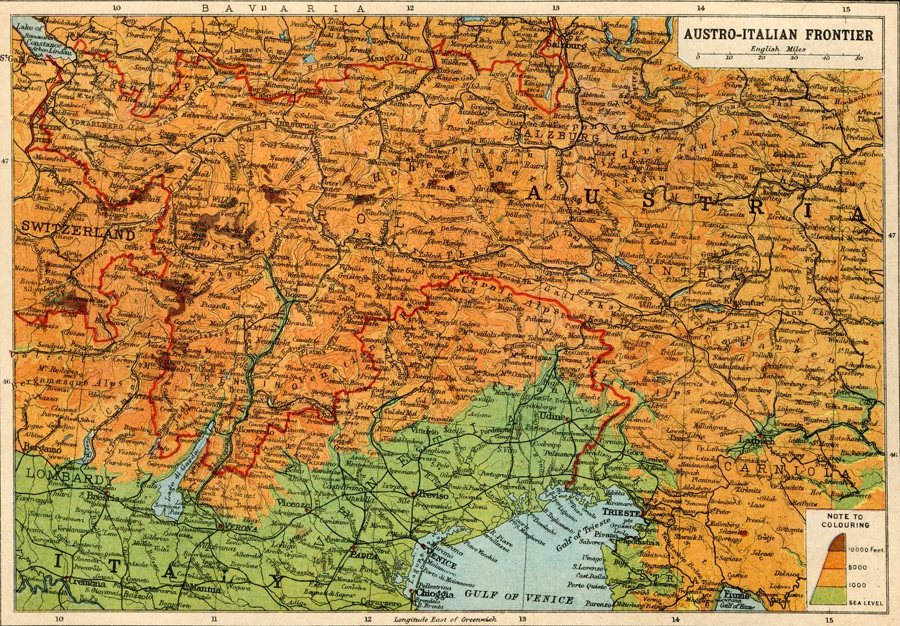 Karte der österreichisch-italienischen Grenze, Erster Weltkrieg, ca. 1920 von John Bartholomew and Son
