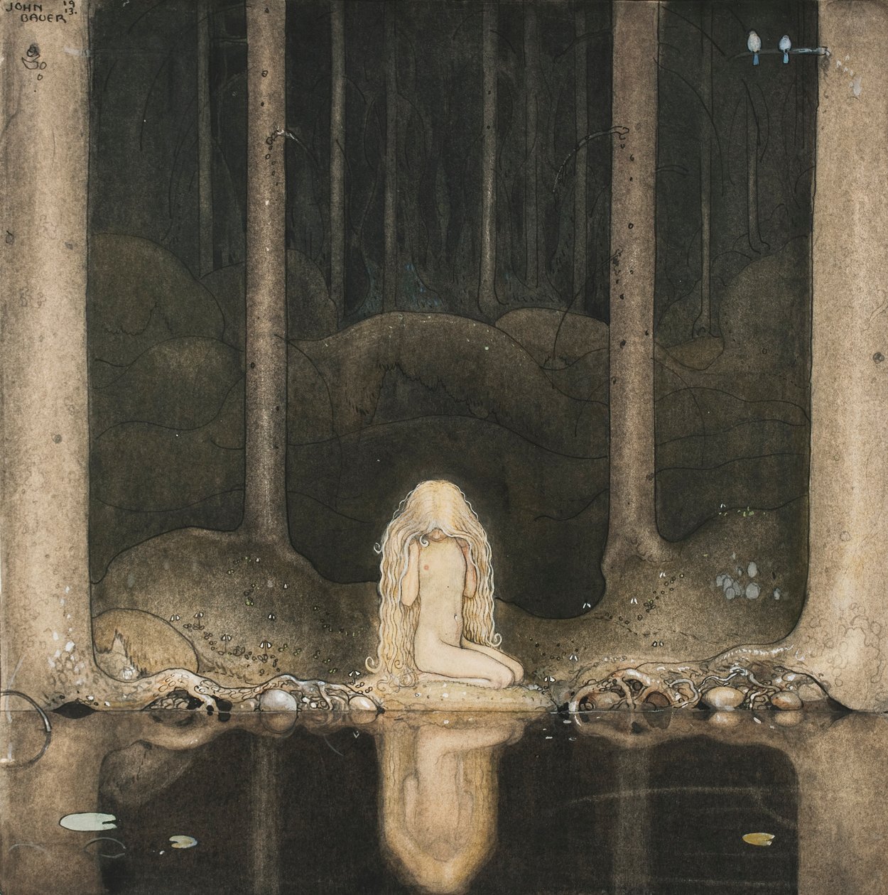 Tuvstarr sitzt immer noch sehnsüchtig und schaut ins Wasser von John Bauer
