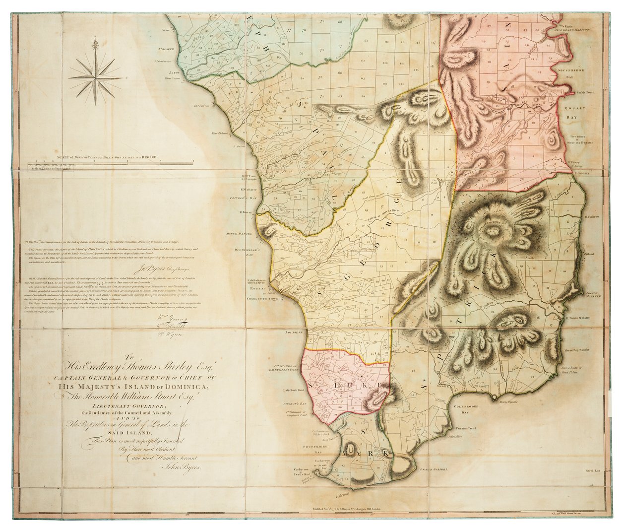 Plan der Insel Dominica, erstellt durch tatsächliche Vermessung unter der Leitung der ehrenwerten Kommissare für den Verkauf von Land in den abgetretenen Inseln von John Byres, Hauptvermesser, 1776 von John Bayly