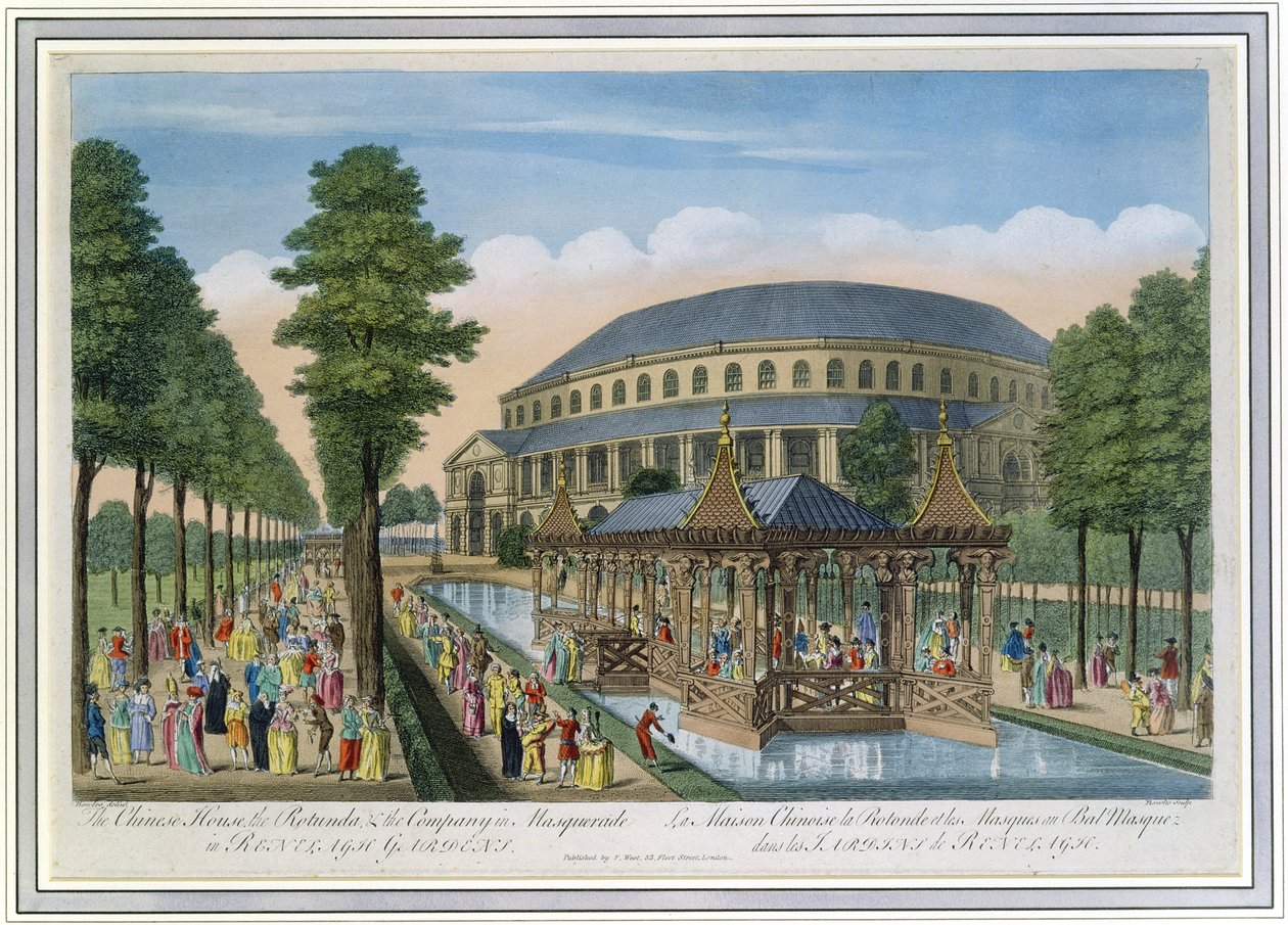 Das Chinesische Haus, die Rotunde und die Gesellschaft in Maskerade in den Ranelagh Gardens von John Bowles