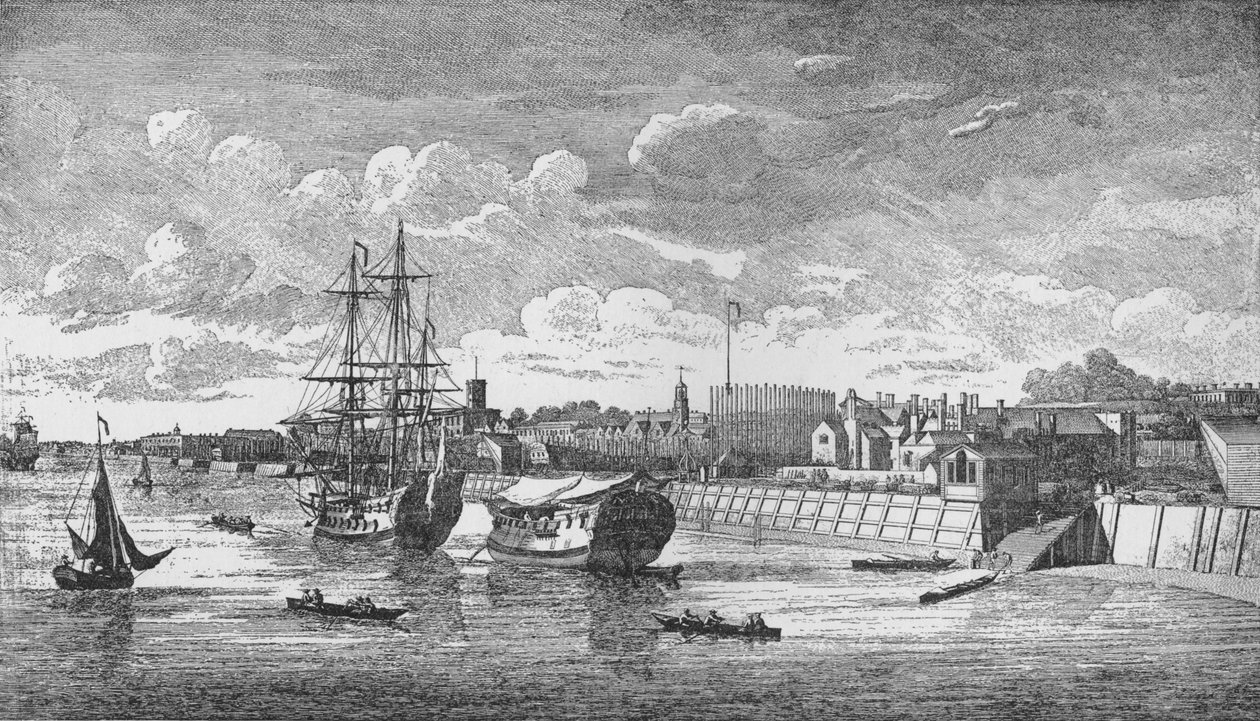 Woolwich Dockyard von der Themse, ca. 1750, 1912 von John Boydell