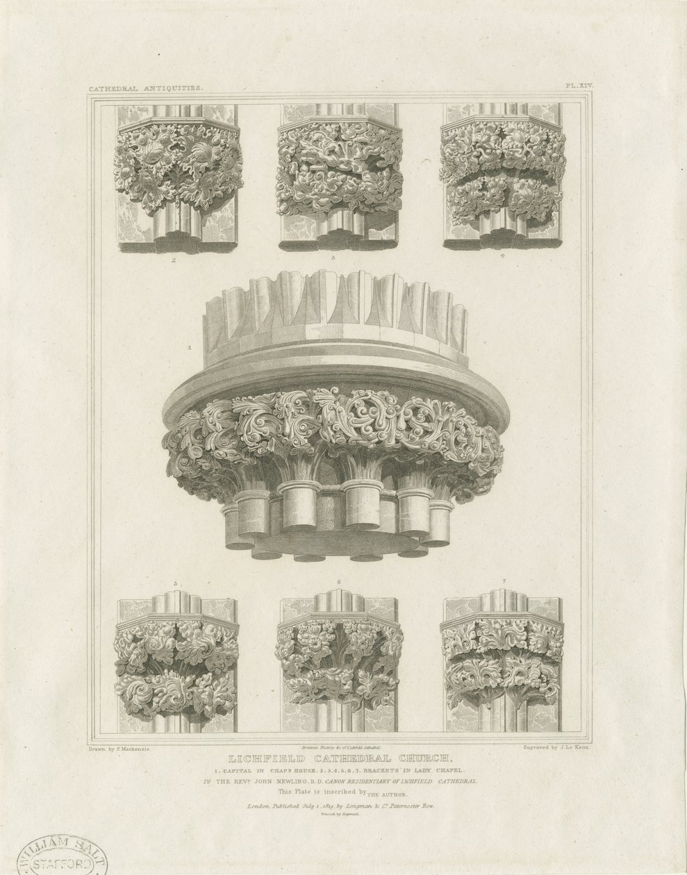 Innenansicht der Kathedrale von Lichfield - Cluster-Säule im Kapitelhaus und Konsolen in der Marienkapelle: Gravur, undatiert [ca. 1819] von John Britton