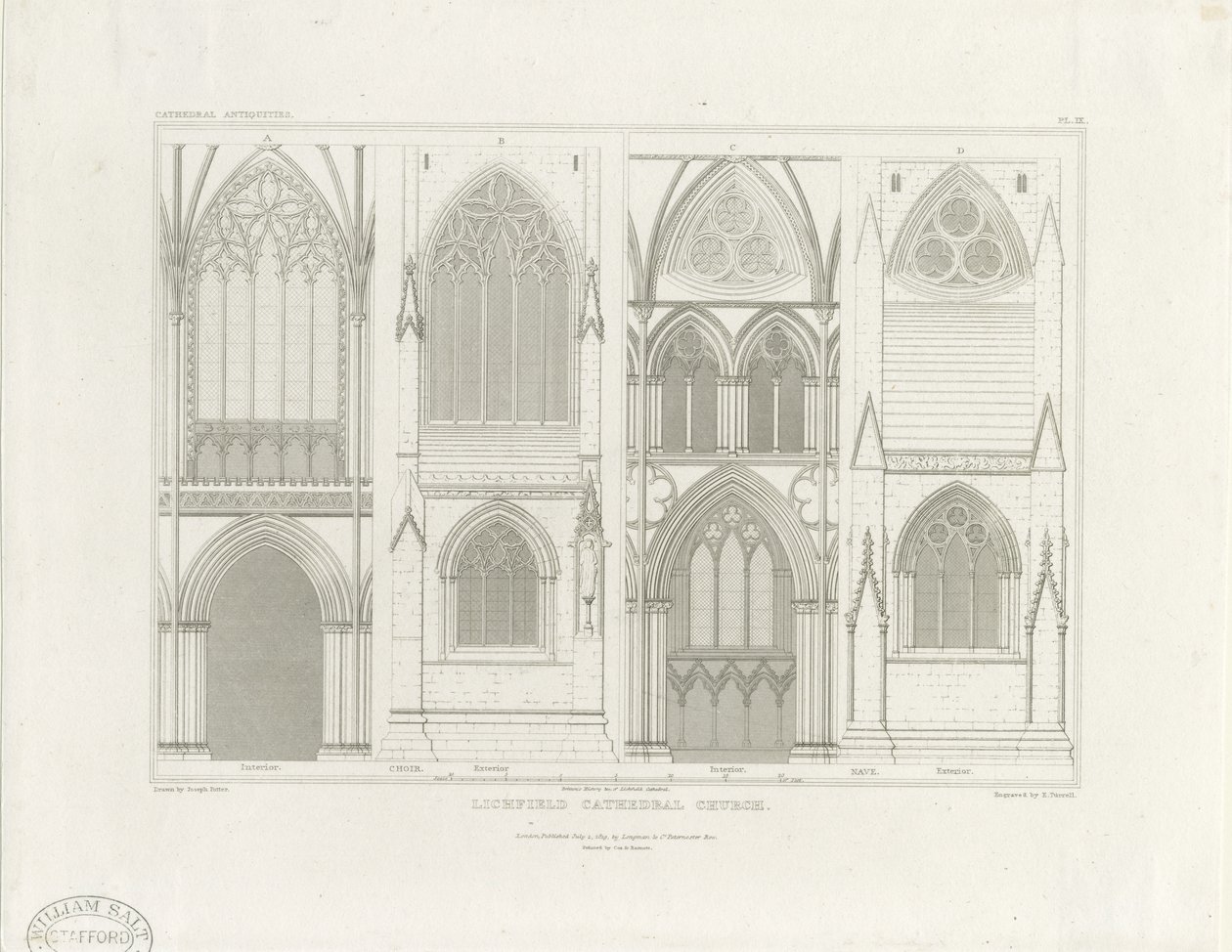 Innenraum der Kathedrale von Lichfield - Langhaus und Chor (Gravur, ca. 1819) von John Britton