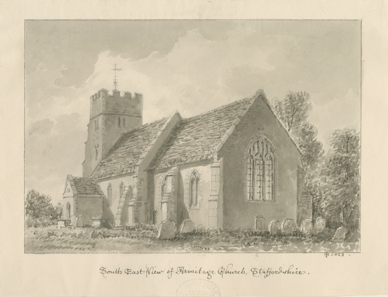 Armitage Kirche: Sepia-Zeichnung von John Buckler