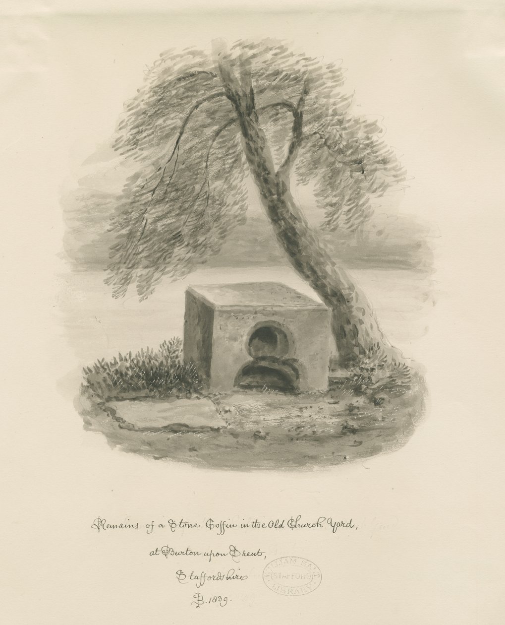 Burton-upon-Trent - Steinsarg im alten Kirchhof (Sepia-Zeichnung) von John Buckler
