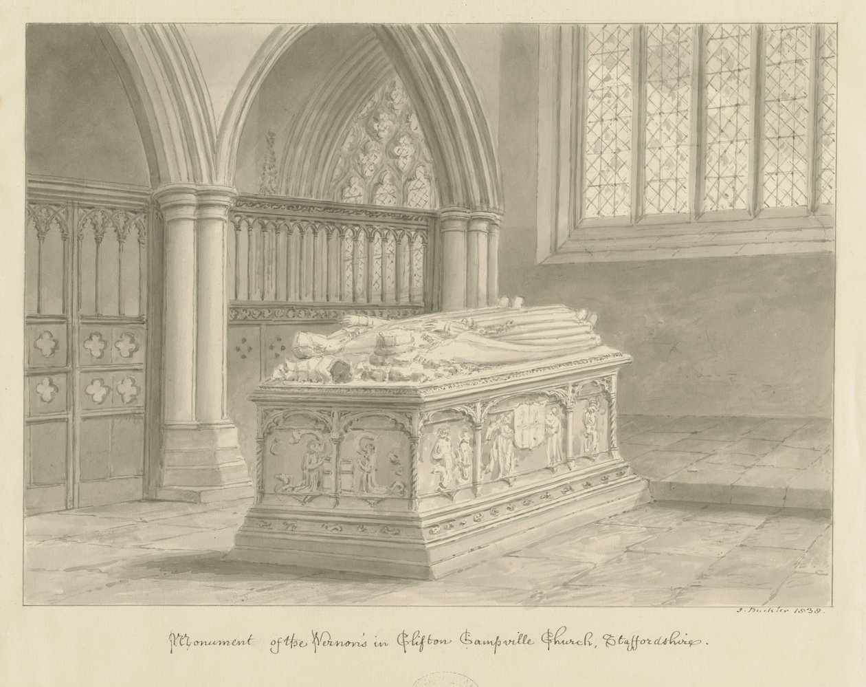 Clifton Campville Kirche - Vernon Denkmal: Sepia-Zeichnung von John Buckler