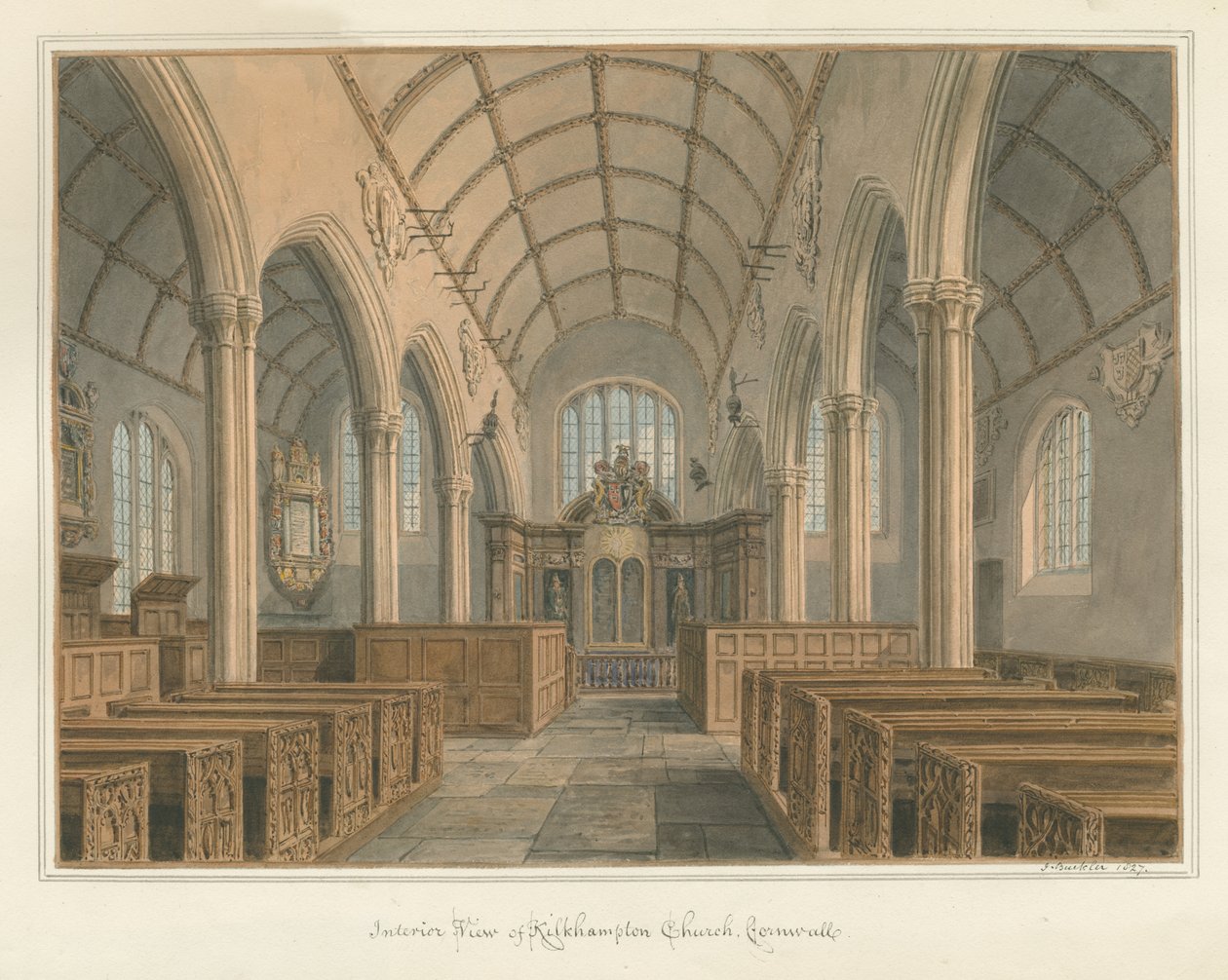 Cornwall - Kilkhampton Kirche - Innenansicht, 1827 von John Buckler