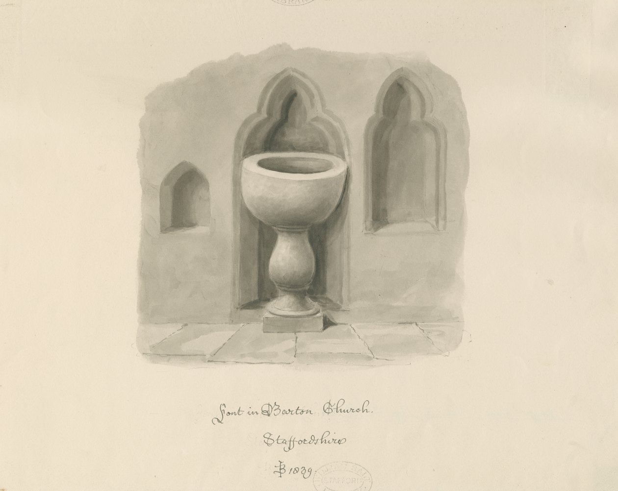 Taufbecken in Barton under Needwood Kirche von John Buckler