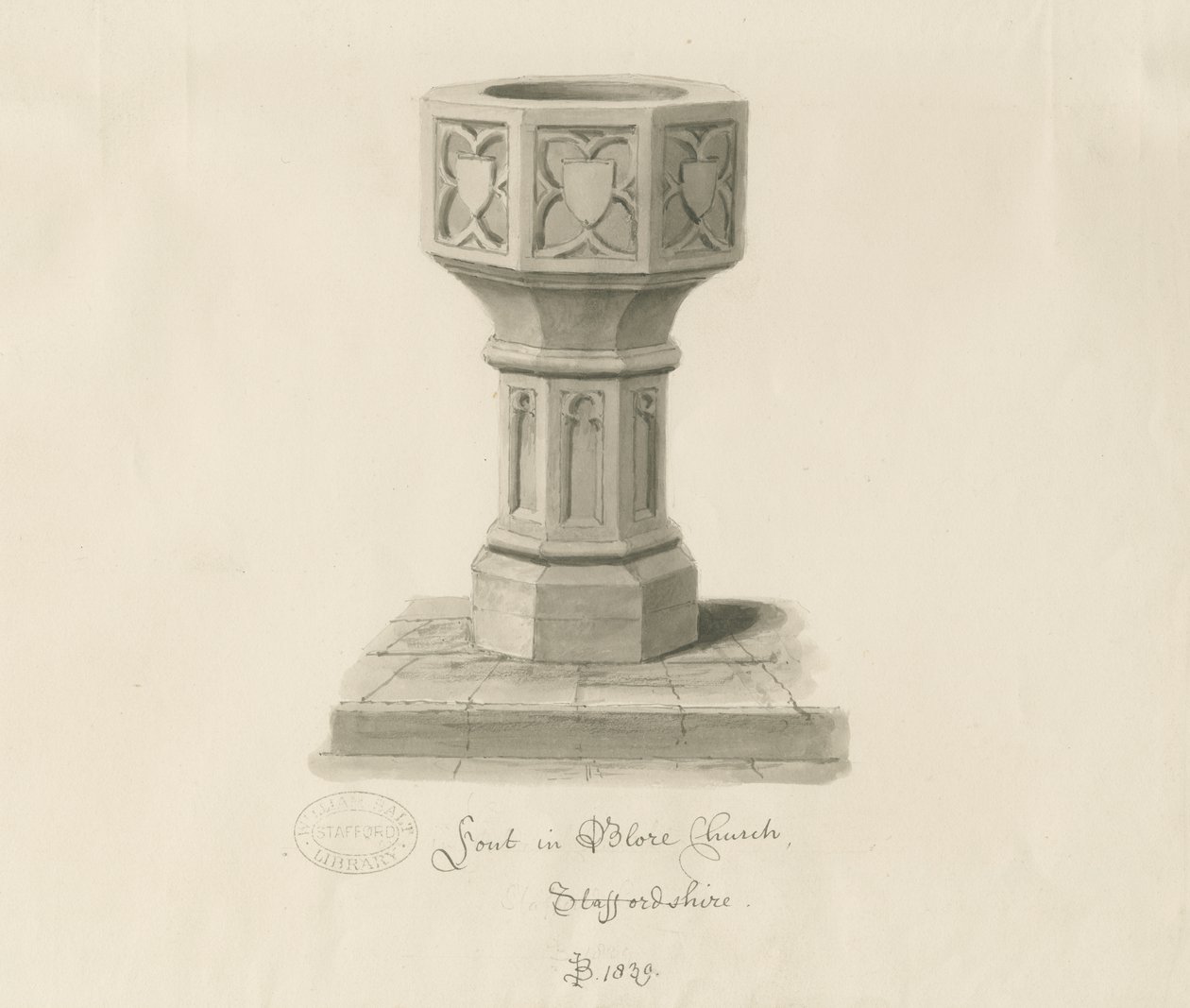 Taufbecken in Blore Kirche (1839) von John Buckler